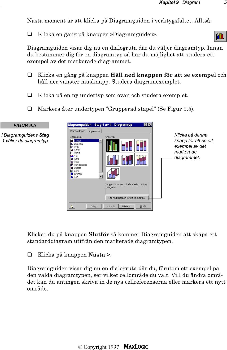 Klicka en gång på knappen Håll ned knappen för att se exempel och håll ner vänster musknapp. Studera diagramexemplet. Klicka på en ny undertyp som ovan och studera exemplet.