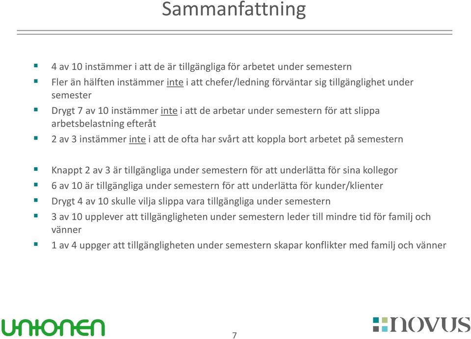 tillgängliga under semestern för att underlätta för sina kollegor 6 av 10 är tillgängliga under semestern för att underlätta för kunder/klienter Drygt 4 av 10 skulle vilja slippa vara