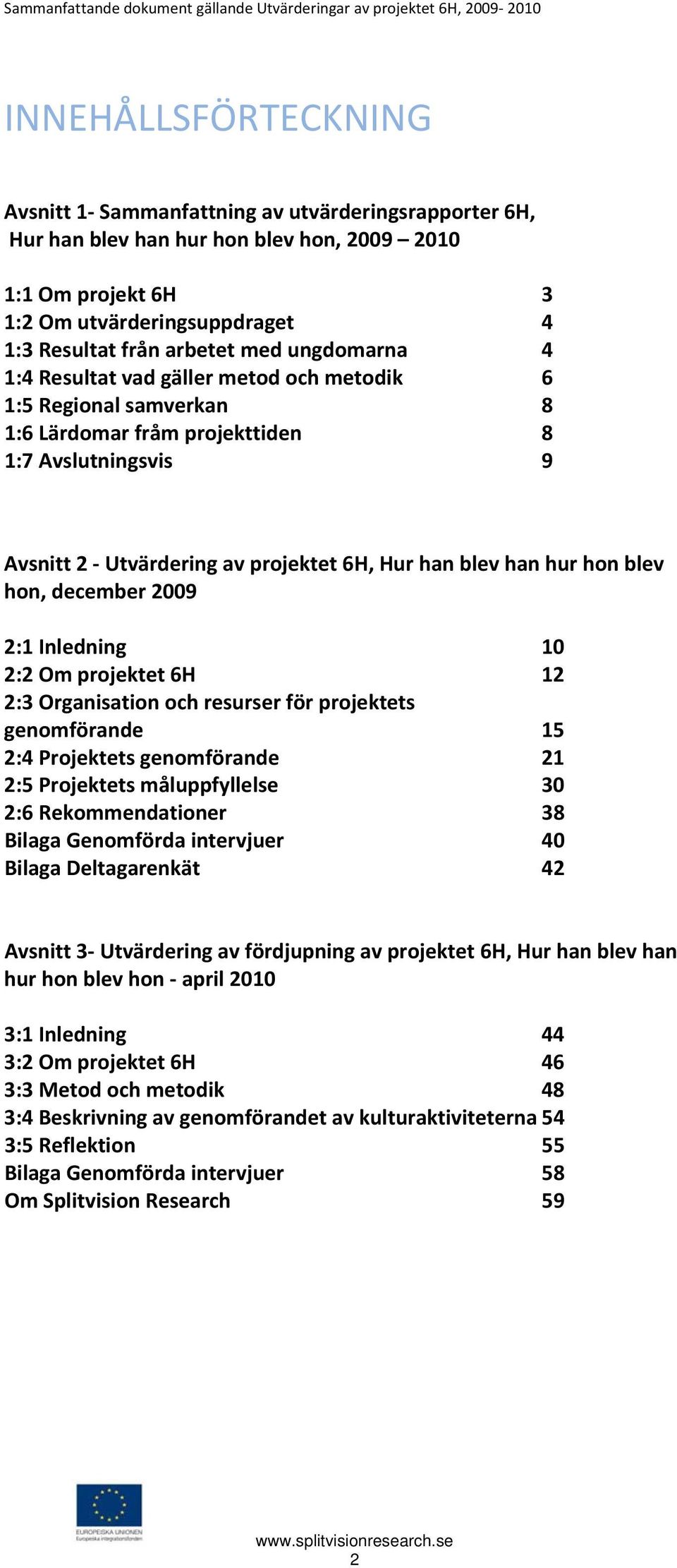 hon blev hon, december 2009 2:1 Inledning 10 2:2 Om projektet 6H 12 2:3 Organisation och resurser för projektets genomförande 15 2:4 Projektets genomförande 21 2:5 Projektets måluppfyllelse 30 2:6