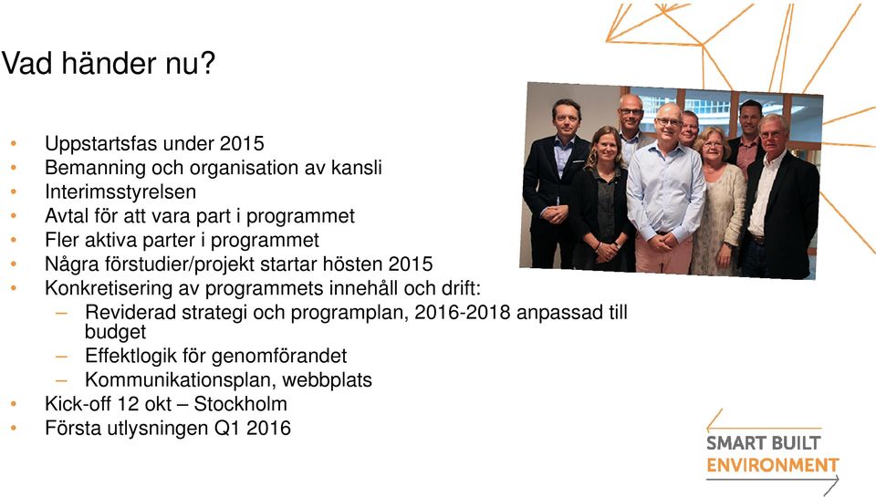 programmet Fler aktiva parter i programmet Några förstudier/projekt startar hösten 2015 Konkretisering av