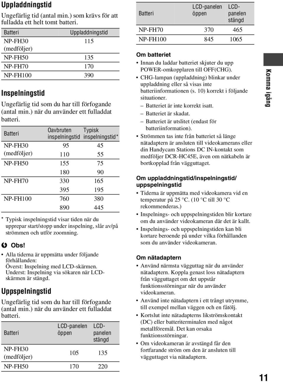 Batteri NP-FH30 (medföljer) * Typisk inspelningstid visar tiden när du upprepar start/stopp under inspelning, slår av/på strömmen och utför zoomning. b Obs!
