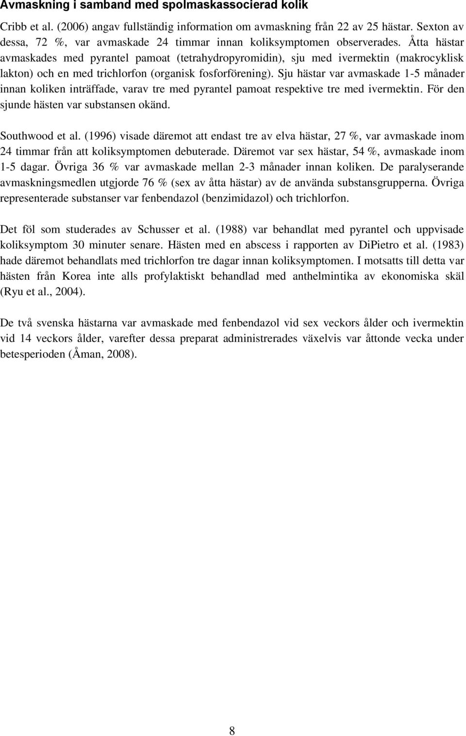 Åtta hästar avmaskades med pyrantel pamoat (tetrahydropyromidin), sju med ivermektin (makrocyklisk lakton) och en med trichlorfon (organisk fosforförening).