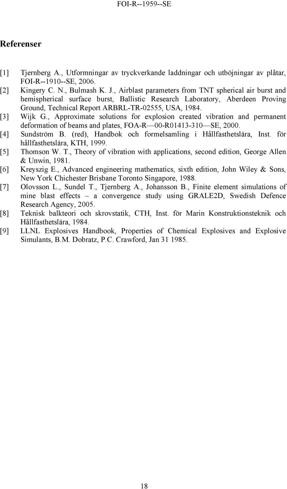 , Appoximte solutions fo explosion ceted vibtion nd pemnent defomtion of bems nd pltes, FOA-R -R1413-31 SE,. [4] Sundstöm B. ed, Hndbo och fomelsmling i Hållfsthetslä, Inst.