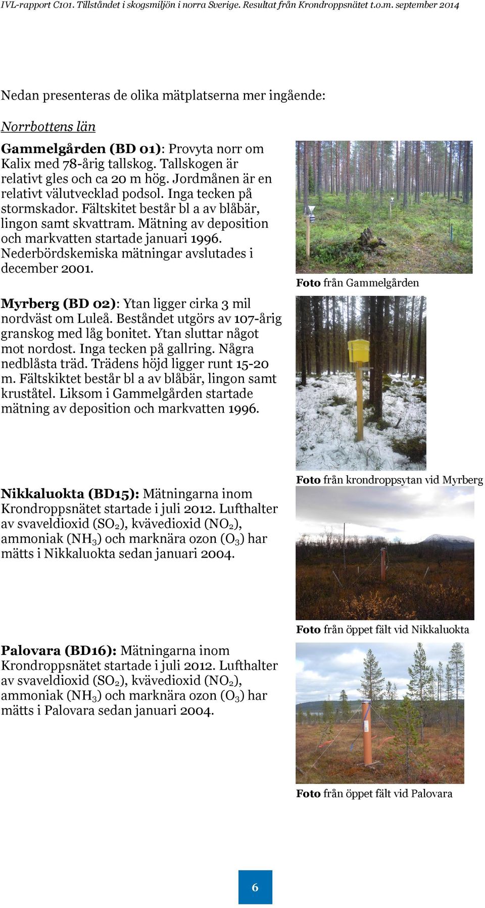 Mätning av deposition och markvatten startade januari 99. Nederbördskemiska mätningar avslutades i december. Myrberg (BD ): Ytan ligger cirka 3 mil nordväst om Luleå.