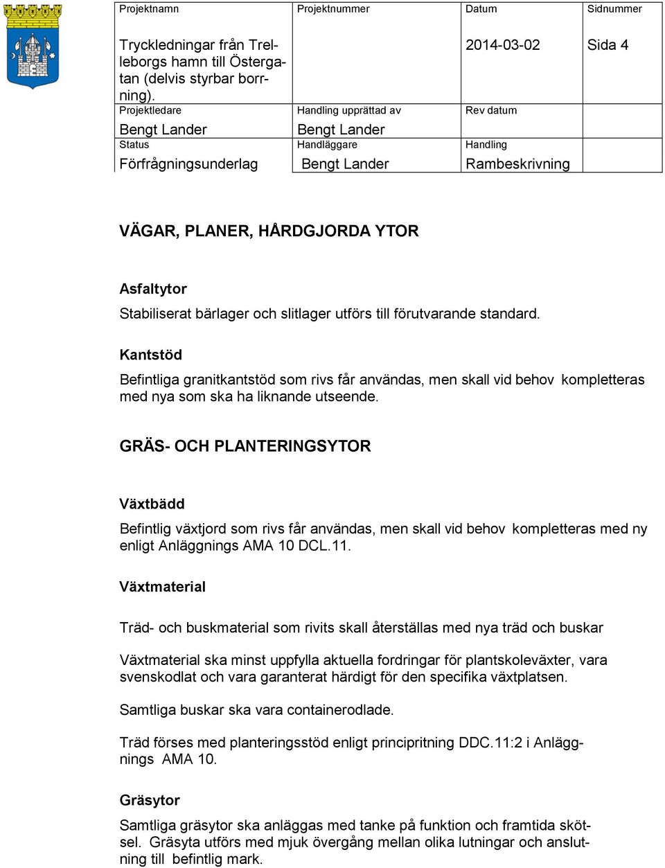 GRÄS- OCH PLANTERINGSYTOR Växtbädd Befintlig växtjord som rivs får användas, men skall vid behov kompletteras med ny enligt Anläggnings AMA 10 DCL.11.