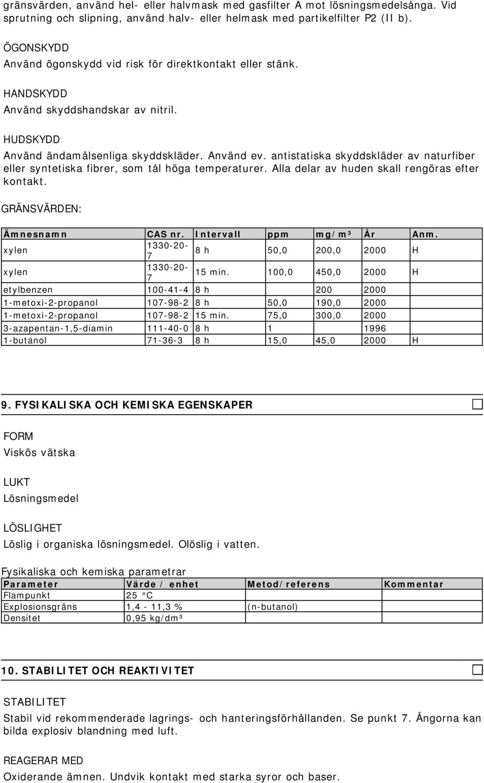 antistatiska skyddskläder av naturfiber eller syntetiska fibrer, som tål höga temperaturer. Alla delar av huden skall rengöras efter kontakt. GRÄNSVÄRDEN: Ämnesnamn CAS nr. Intervall ppm mg/m³ År Anm.