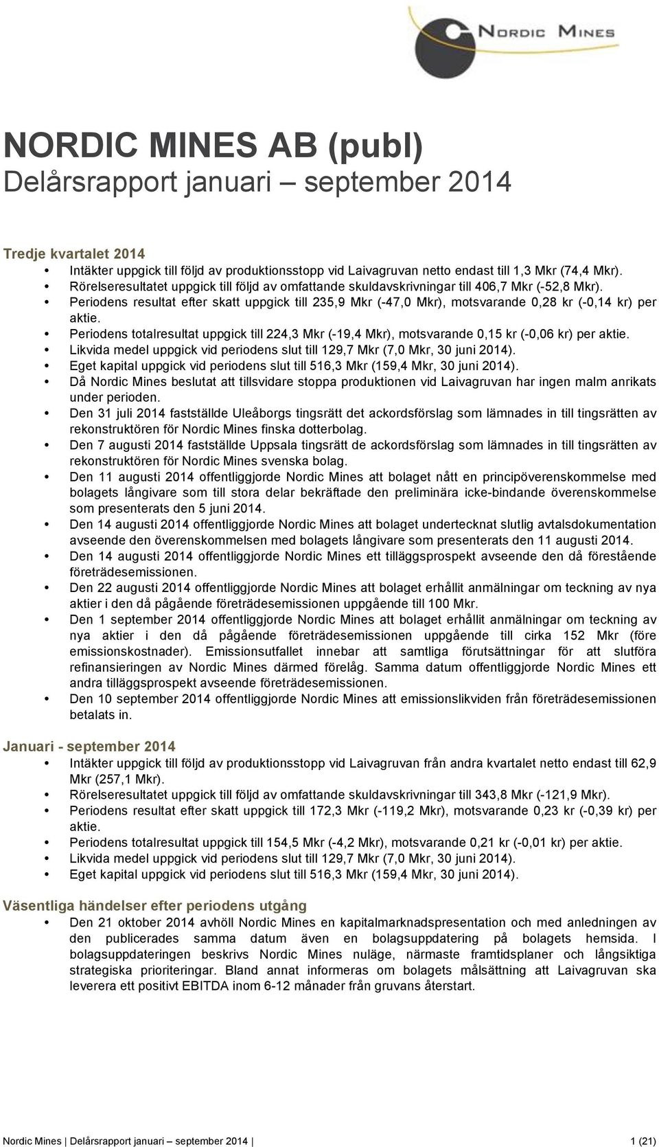 Periodens resultat efter skatt uppgick till 235,9 Mkr (-47,0 Mkr), motsvarande 0,28 kr (-0,14 kr) per aktie.