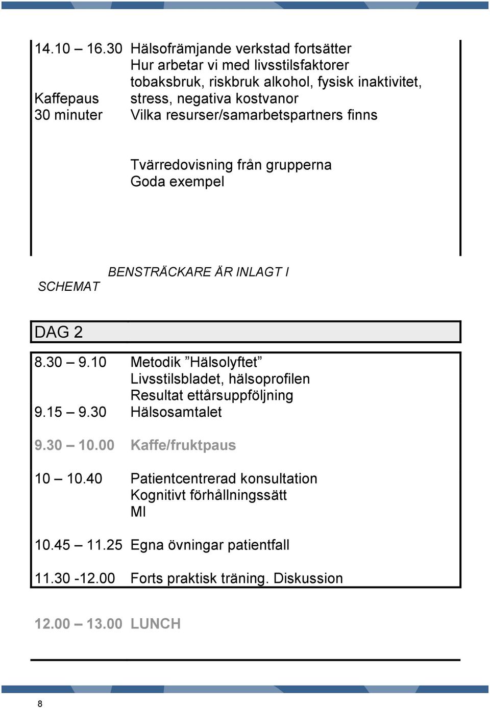 negativa kostvanor Vilka resurser/samarbetspartners finns Tvärredovisning från grupperna Goda exempel SCHEMAT BENSTRÄCKARE ÄR INLAGT I DAG 2 8.30 9.