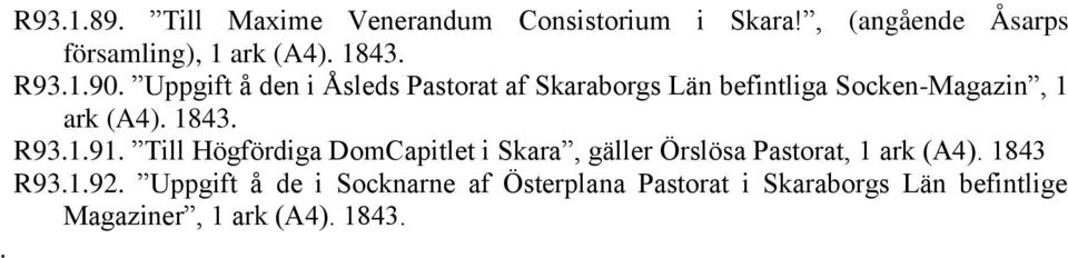 Uppgift å den i Åsleds Pastorat af Skaraborgs Län befintliga Socken-Magazin, 1 ark (A4). 1843.