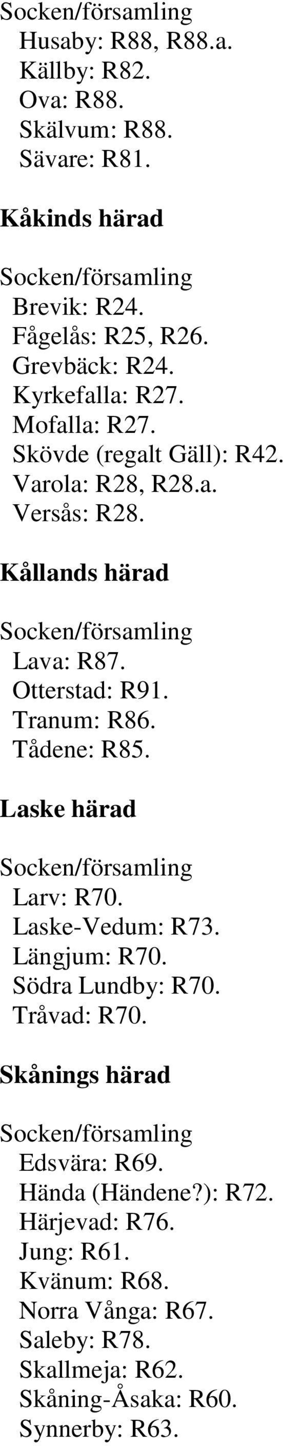 Tranum: R86. Tådene: R85. Laske härad Larv: R70. Laske-Vedum: R73. Längjum: R70. Södra Lundby: R70. Tråvad: R70.