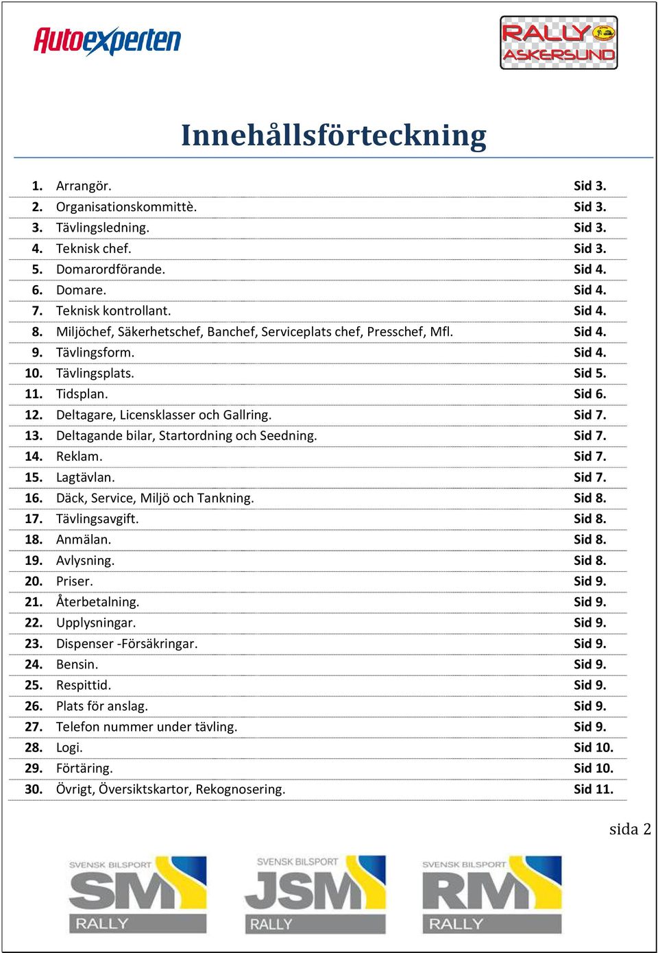 13. Deltagande bilar, Startordning och Seedning. Sid 7. 14. Reklam. Sid 7. 15. Lagtävlan. Sid 7. 16. Däck, Service, Miljö och Tankning. Sid 8. 17. Tävlingsavgift. Sid 8. 18. Anmälan. Sid 8. 19.