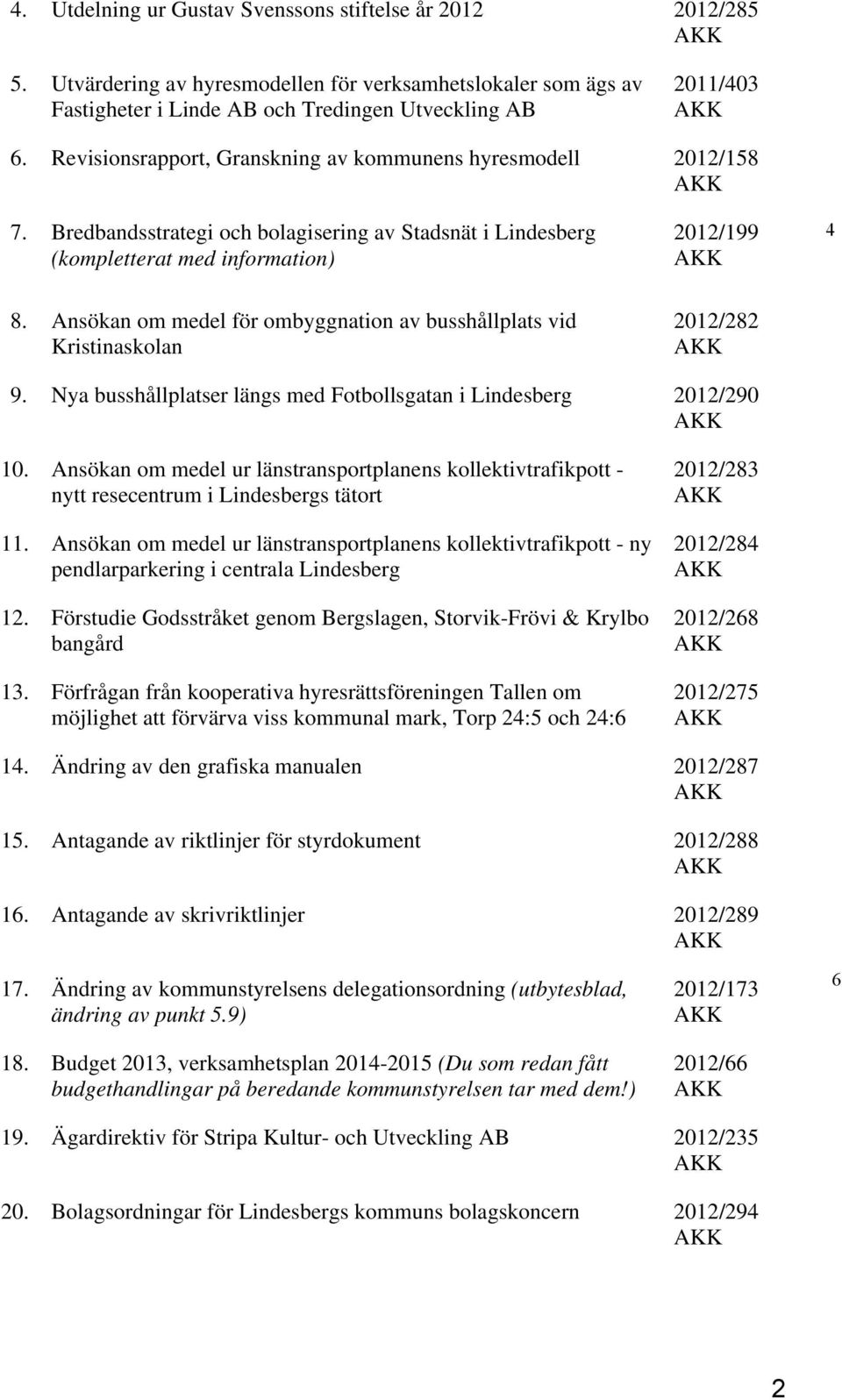 Ansökan om medel för ombyggnation av busshållplats vid Kristinaskolan 2012/199 2012/282 9. Nya busshållplatser längs med Fotbollsgatan i Lindesberg 2012/290 10.