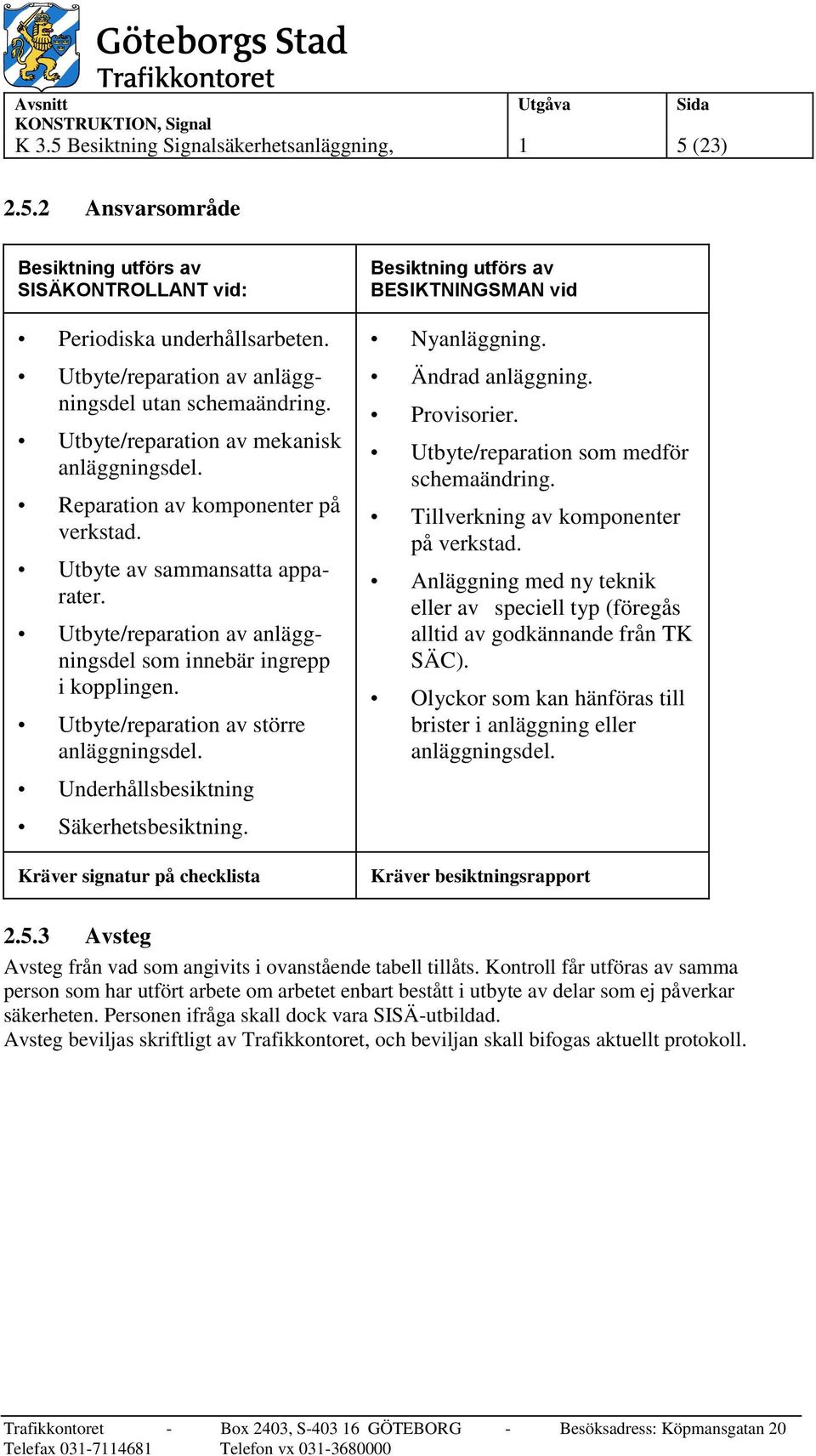 Utbyte/reparation av större anläggningsdel. Underhållsbesiktning Säkerhetsbesiktning. Kräver signatur på checklista Besiktning utförs av BESIKTNINGSMAN vid Nyanläggning. Ändrad anläggning.