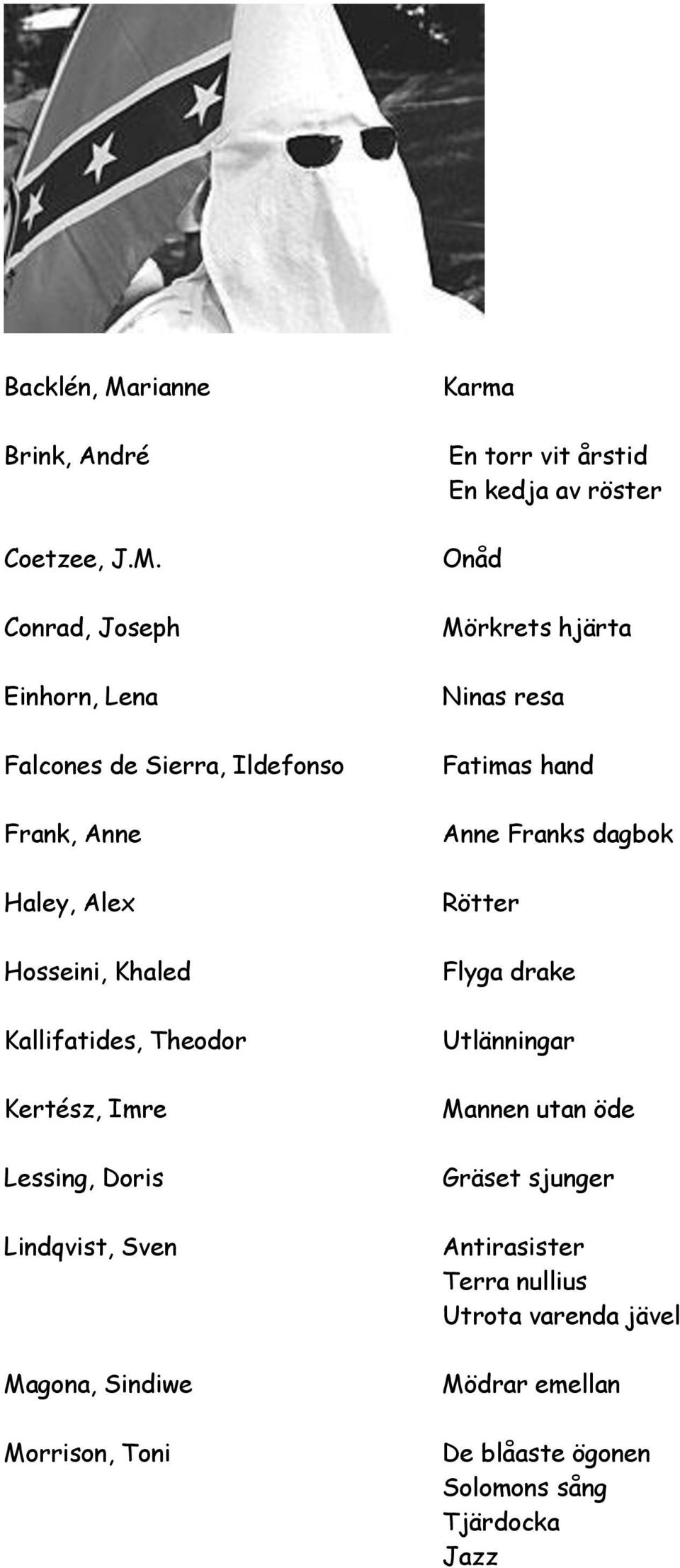 Conrad, Joseph Einhorn, Lena Falcones de Sierra, Ildefonso Frank, Anne Haley, Alex Hosseini, Khaled Kallifatides, Theodor Kertész,