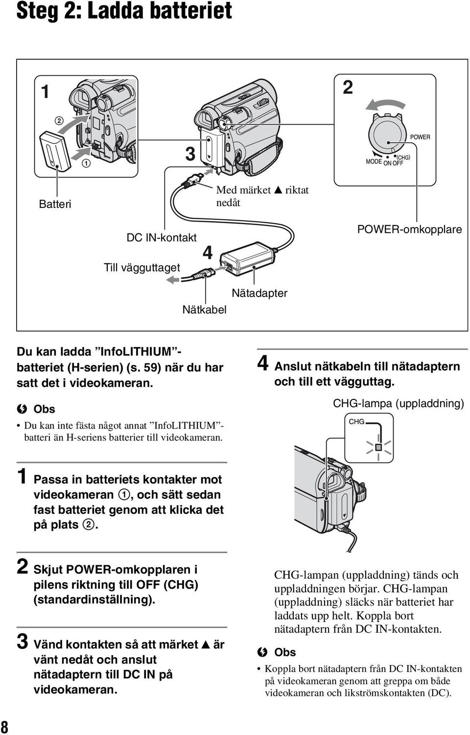 CHG-lampa (uppladdning) 1 Passa in batteriets kontakter mot videokameran 1, och sätt sedan fast batteriet genom att klicka det på plats 2.