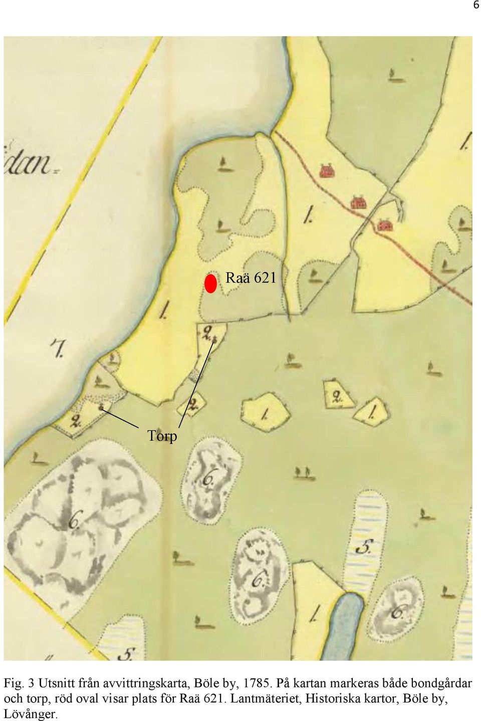 På kartan markeras både bondgårdar och torp, röd