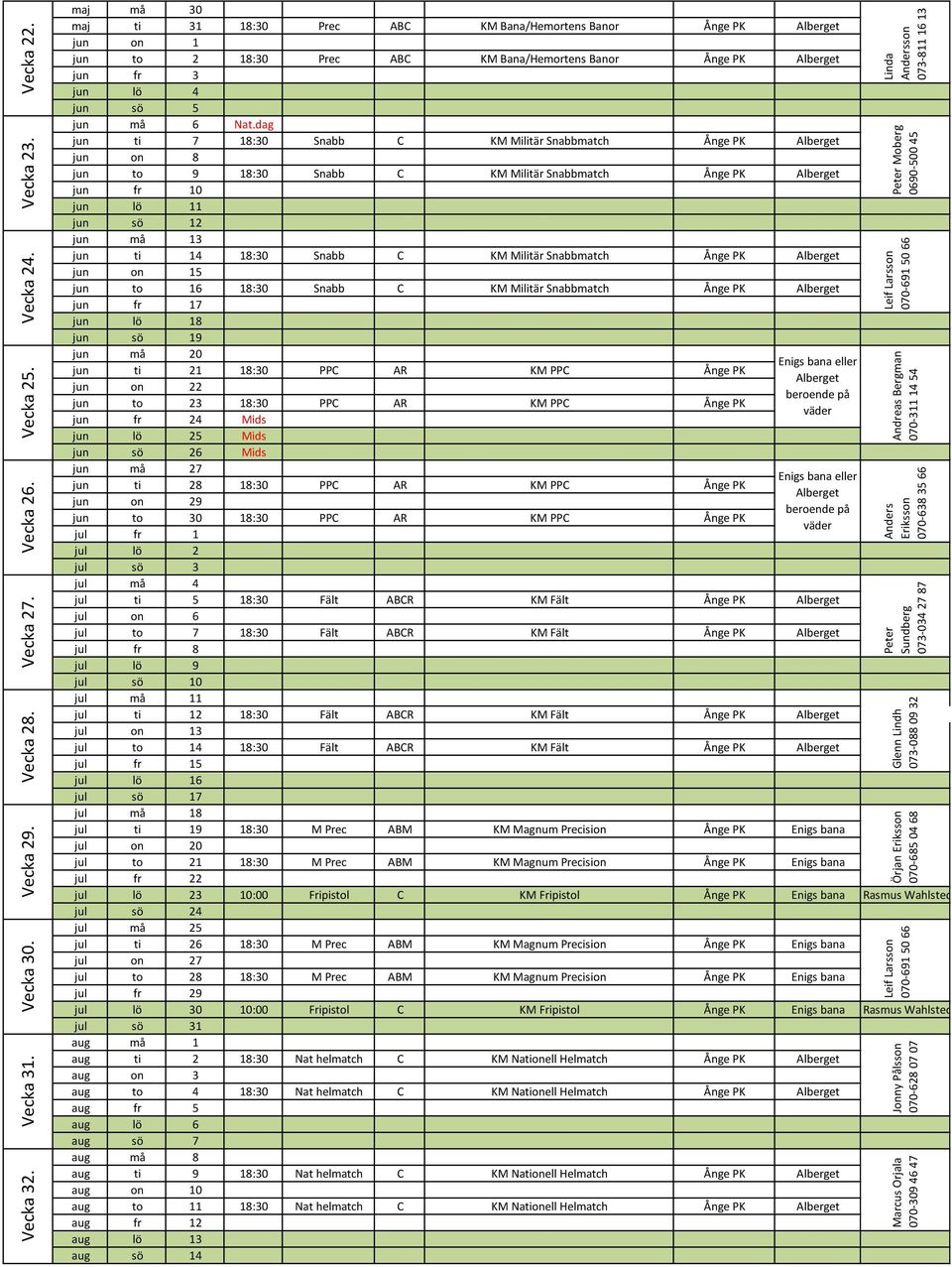 dag jun ti 7 18:30 Snabb C KM Militär Snabbmatch Ånge PK Alberget jun on 8 jun to 9 18:30 Snabb C KM Militär Snabbmatch Ånge PK Alberget jun fr 10 jun lö 11 jun sö 12 jun må 13 jun ti 14 18:30 Snabb
