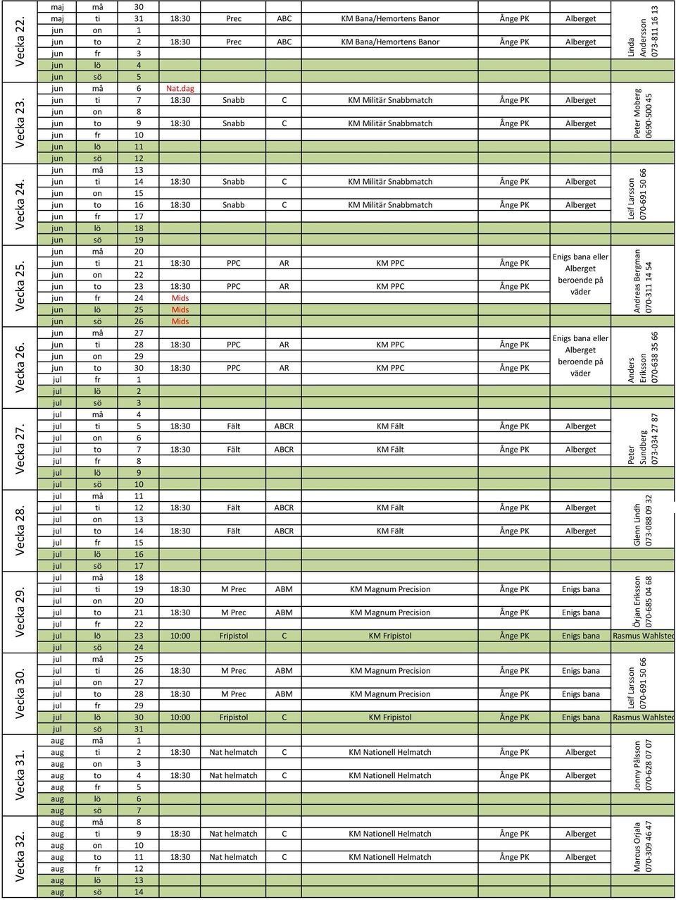 dag jun ti 7 18:30 Snabb C KM Militär Snabbmatch Ånge PK Alberget jun on 8 jun to 9 18:30 Snabb C KM Militär Snabbmatch Ånge PK Alberget jun fr 10 jun lö 11 jun sö 12 jun må 13 jun ti 14 18:30 Snabb