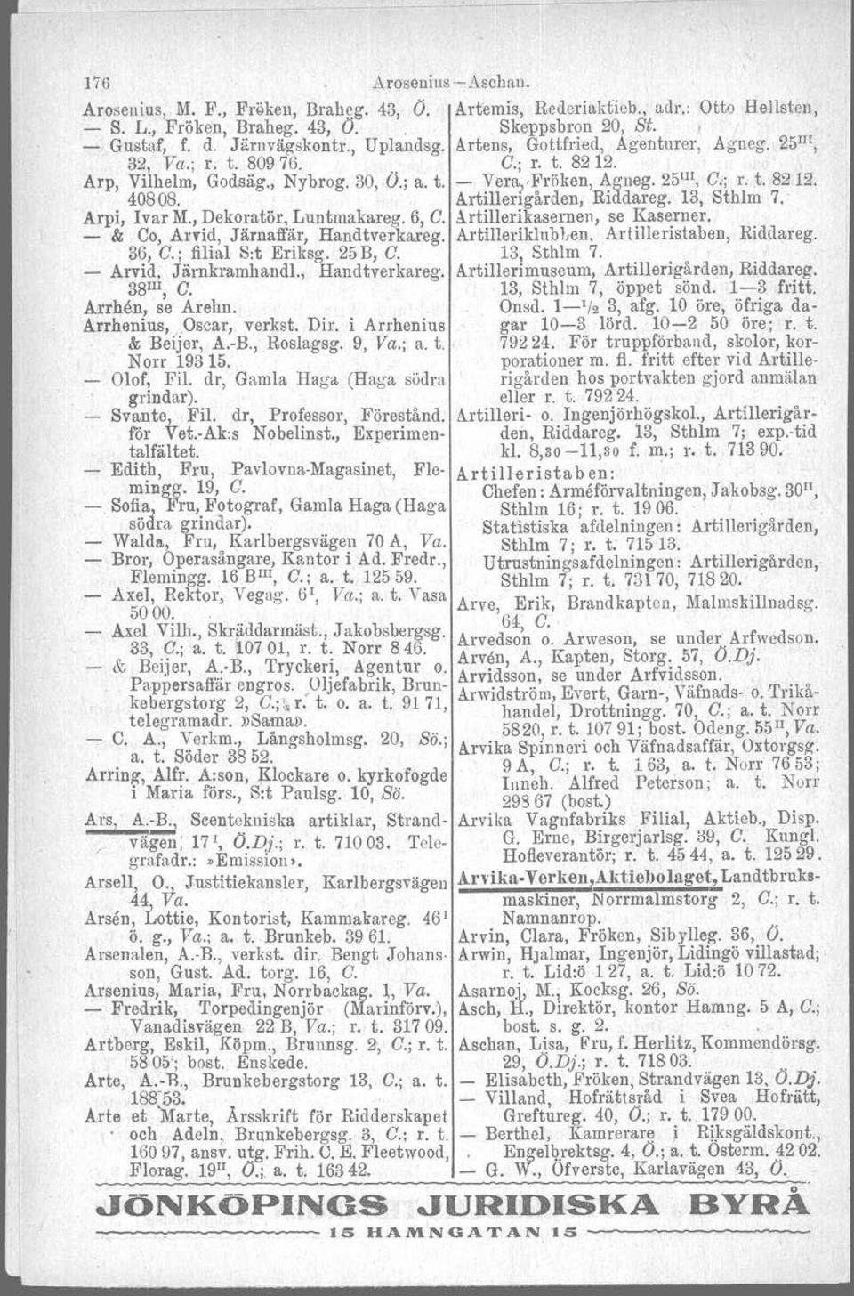 Artillerigården, Riddareg. 13, Sthlm 7. Arpi, Ivar M., Dekoratör, Luntmakareg. 6, C. Artillerikasernen, se Kaserner. - & Co, Arvid, Järnaffär, Handtverkareg. Arbilleriklubl.en. ArtiJleristaben, Riddareg.