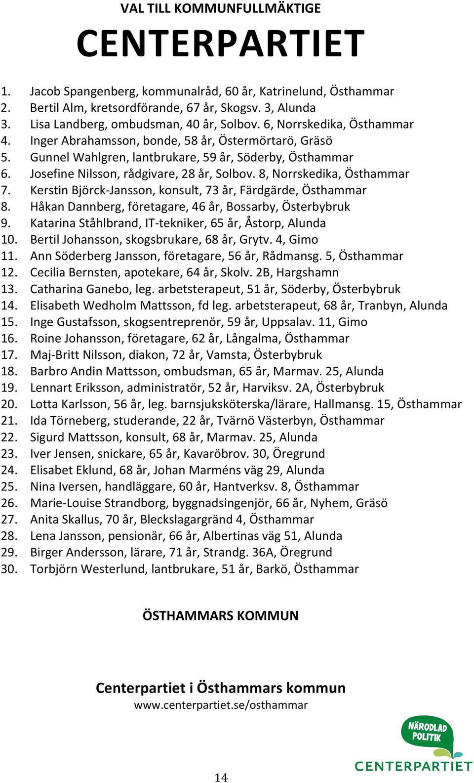 Josefine Nilsson, rådgivare, 28 år, Solbov. 8, Norrskedika, Östhammar 7. Kerstin Björck-Jansson, konsult, 73 år, Färdgärde, Östhammar 8. Håkan Dannberg, företagare, 46 år, Bossarby, Österbybruk 9.
