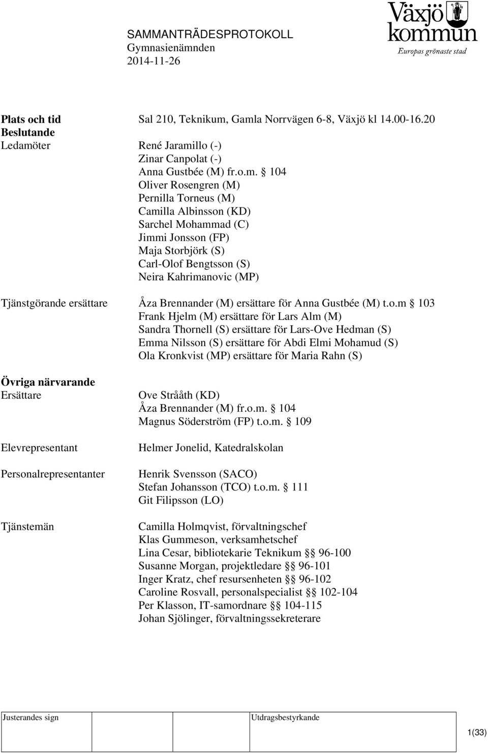 Sarchel Mohammad (C) Jimmi Jonsson (FP) Maja Storbjörk (S) Carl-Olof Bengtsson (S) Neira Kahrimanovic (MP) Tjänstgörande ersättare Övriga närvarande Ersättare Elevrepresentant Personalrepresentanter