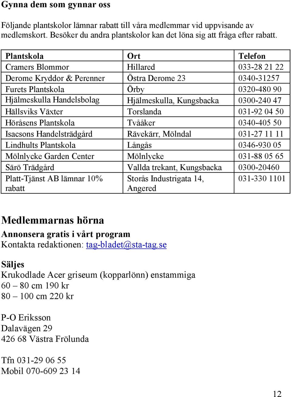 0300-240 47 Hällsviks Växter Torslanda 031-92 04 50 Höråsens Plantskola Tvååker 0340-405 50 Isacsons Handelsträdgård Rävekärr, Mölndal 031-27 11 11 Lindhults Plantskola Långås 0346-930 05 Mölnlycke