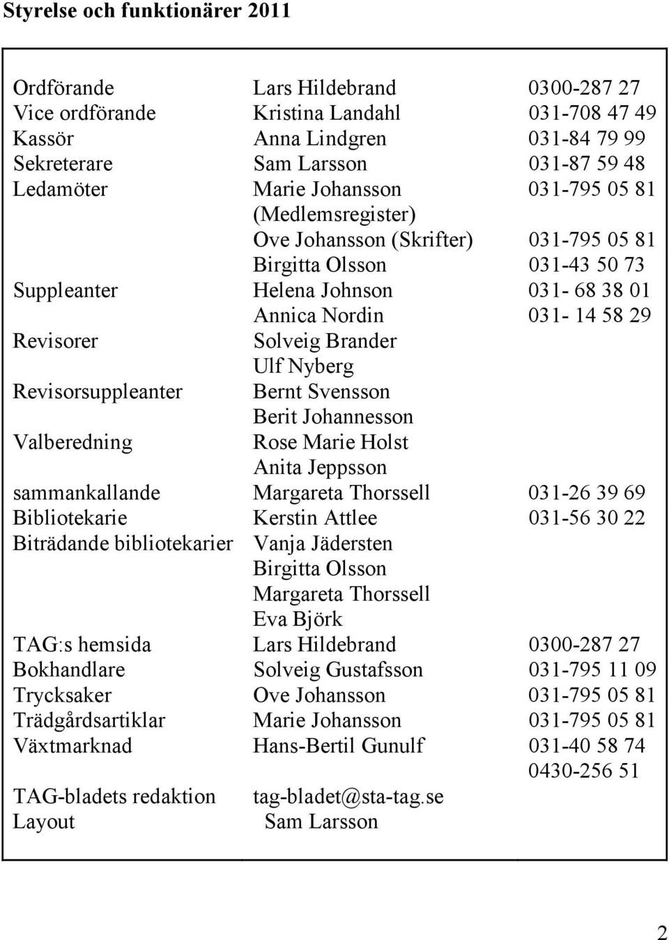 Solveig Brander Ulf Nyberg Revisorsuppleanter Bernt Svensson Berit Johannesson Valberedning sammankallande Rose Marie Holst Anita Jeppsson Margareta Thorssell 031-26 39 69 Bibliotekarie Kerstin