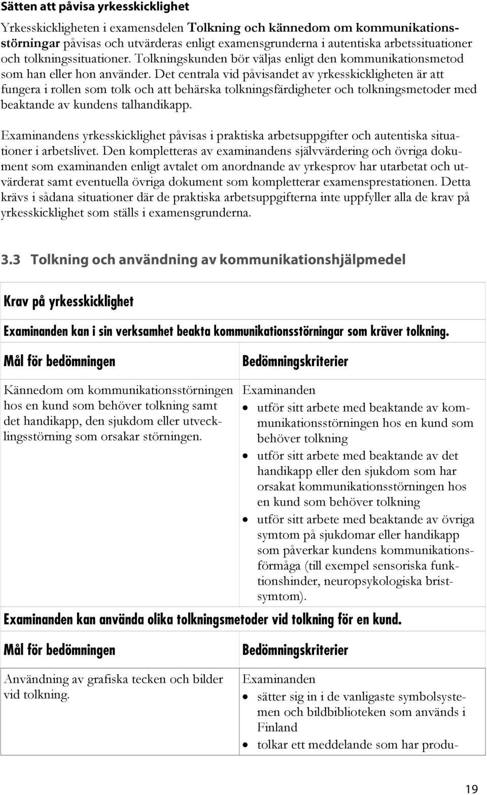 Det centrala vid påvisandet av yrkesskickligheten är att fungera i rollen som tolk och att behärska tolkningsfärdigheter och tolkningsmetoder med beaktande av kundens talhandikapp.