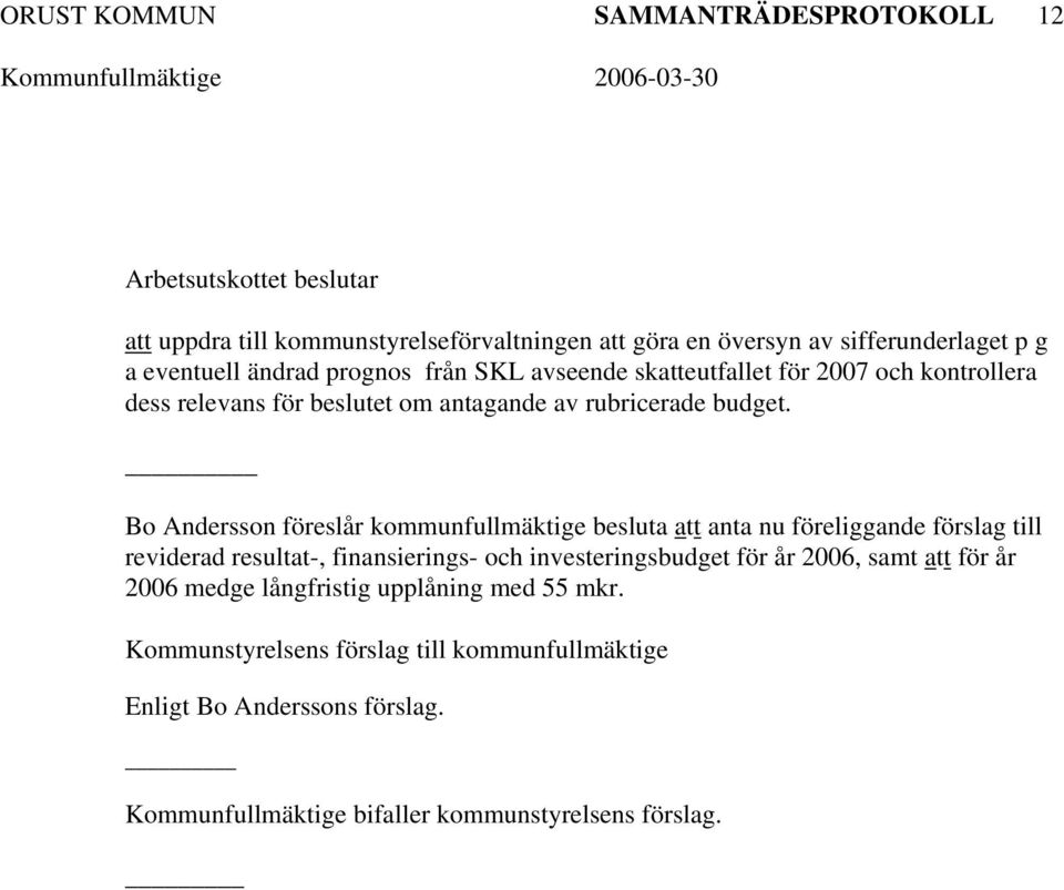 Bo Andersson föreslår kommunfullmäktige besluta att anta nu föreliggande förslag till reviderad resultat-, finansierings- och investeringsbudget för år 2006,