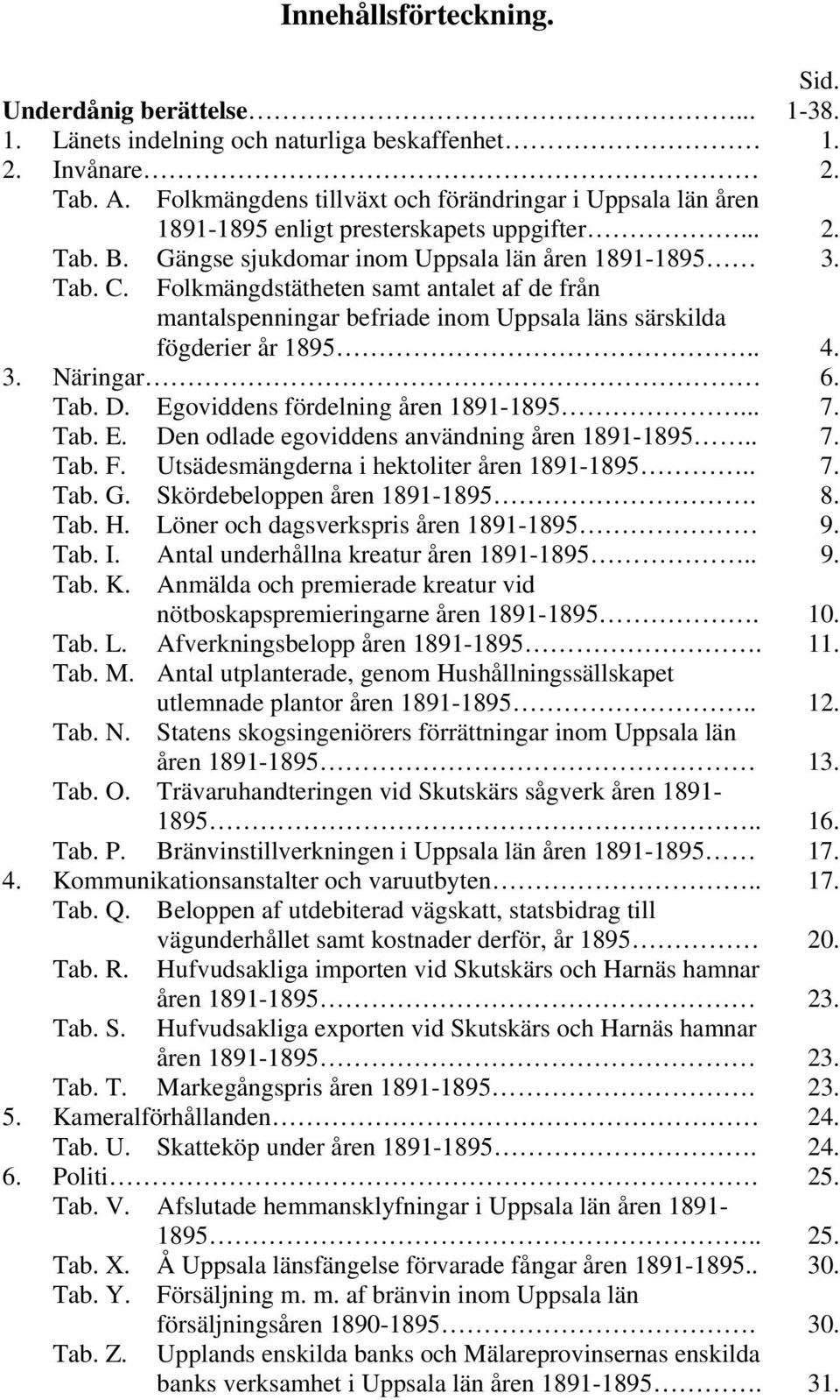 Folkmängdstätheten samt antalet af de från mantalspenningar befriade inom Uppsala läns särskilda fögderier år 1895.. 4. 3. Näringar 6. Tab. D. Egoviddens fördelning åren 1891-1895... 7. Tab. E. Den odlade egoviddens användning åren 1891-1895.