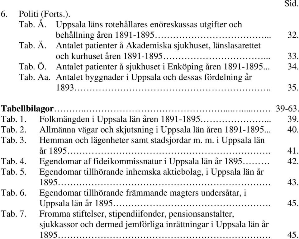 Antalet byggnader i Uppsala och dessas fördelning år 1893.. 35. Tabellbilagor........ 39-63. Tab. 1. Folkmängden i Uppsala län åren 1891-1895... 39. Tab. 2.