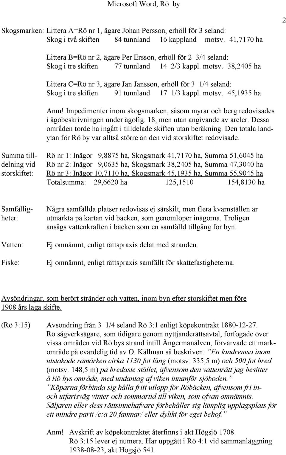 38,2405 ha Littera C=Rö nr 3, ägare Jan Jansson, erhöll för 3 1/4 seland: Skog i tre skiften 91 tunnland 17 1/3 kappl. motsv. 45,1935 ha Anm!