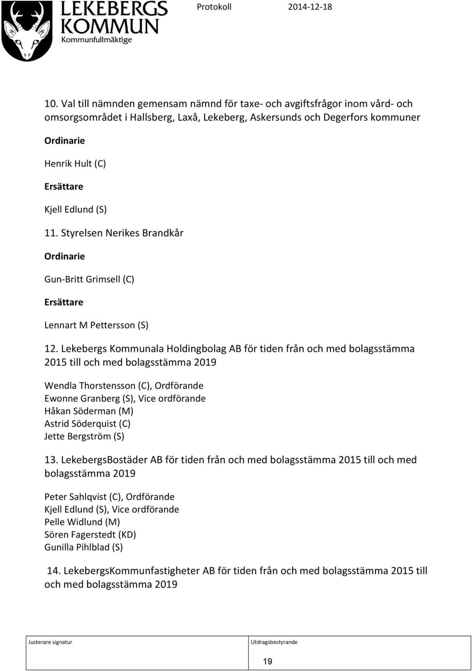 Lekebergs Kommunala Holdingbolag AB för tiden från och med bolagsstämma 2015 till och med bolagsstämma 2019 Wendla Thorstensson (C), Ordförande Ewonne Granberg (S), Vice ordförande Håkan Söderman (M)