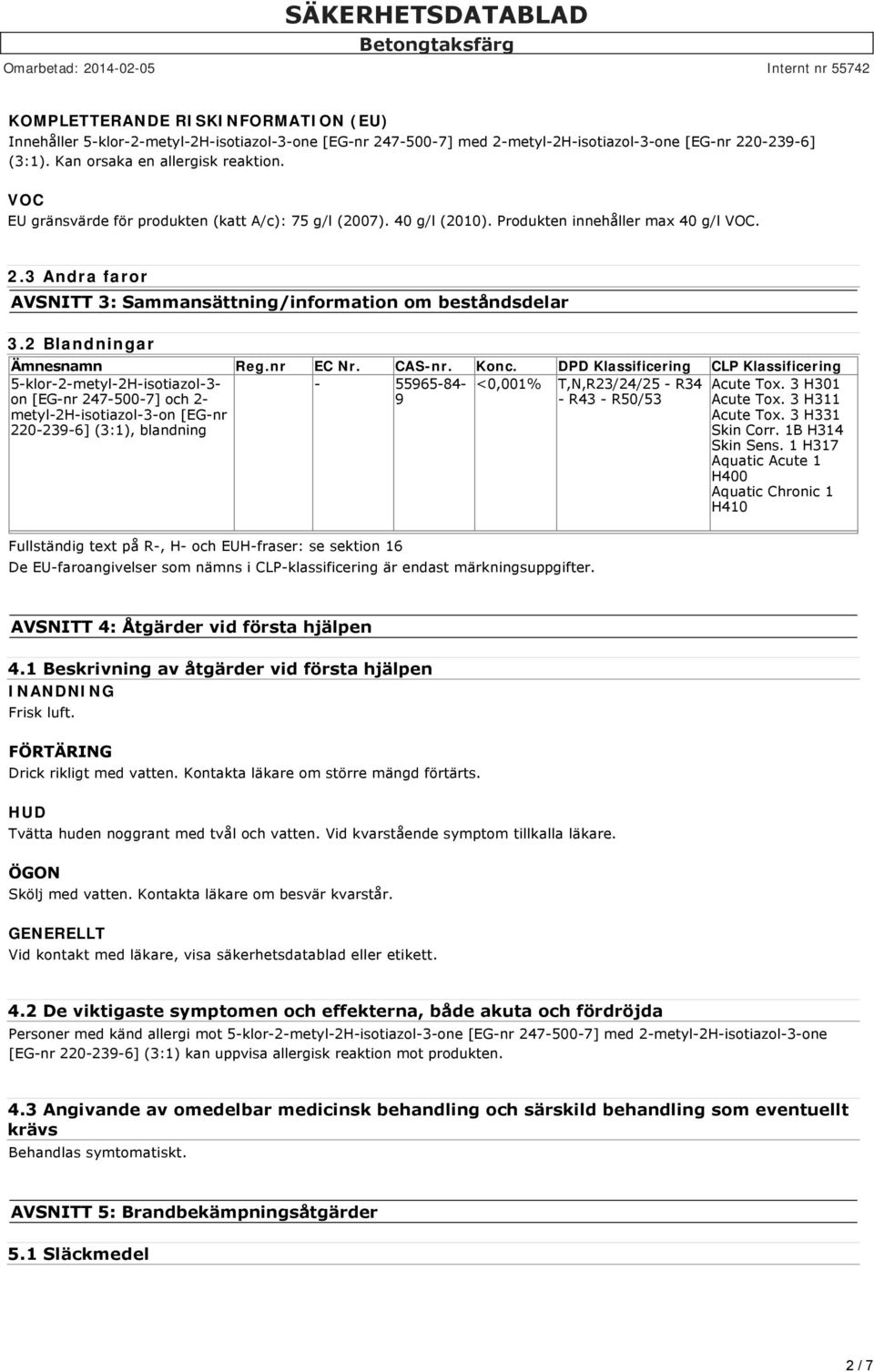 2 Blandningar Ämnesnamn Reg.nr EC Nr. CAS-nr. Konc. DPD Klassificering CLP Klassificering 5-klor-2-metyl-2H-isotiazol-3- - 55965-84- <0,001% T,N,R23/24/25 - R34 Acute Tox.