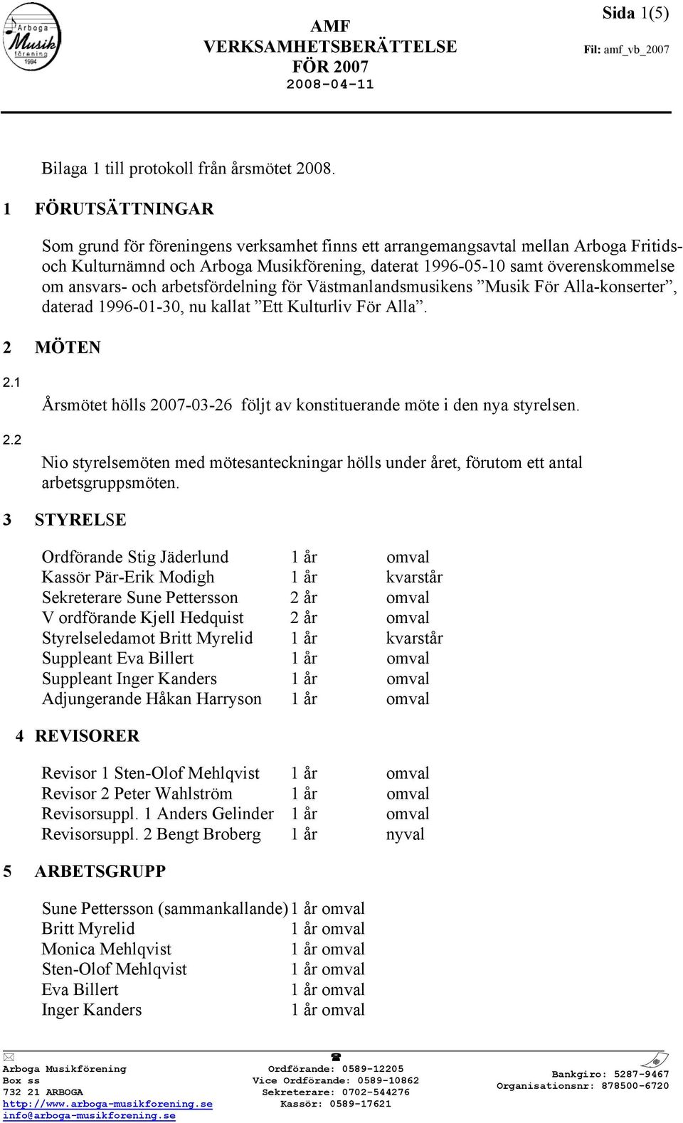 för Västmanlandsmusikens Musik För Alla-konserter, daterad 1996-01-30, nu kallat Ett Kulturliv För Alla. 2 MÖTEN 2.1 2.2 Årsmötet hölls 2007-03-26 följt av konstituerande möte i den nya styrelsen.