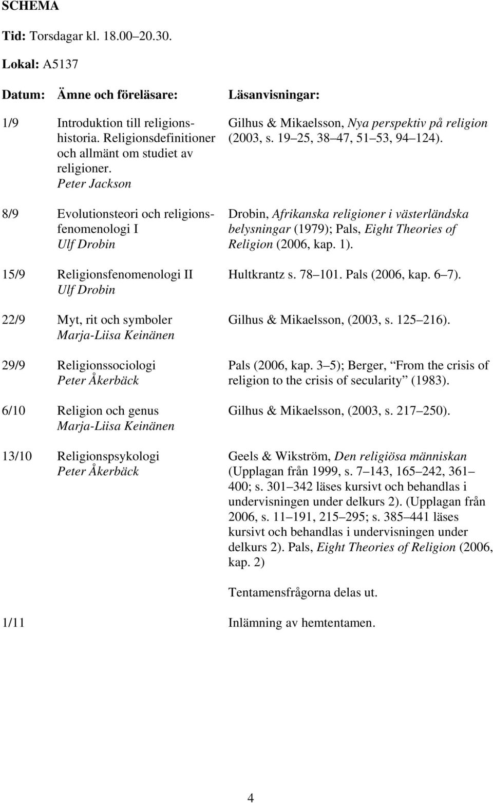 Läsanvisningar: Gilhus & Mikaelsson, Nya perspektiv på religion (2003, s. 19 25, 38 47, 51 53, 94 124).