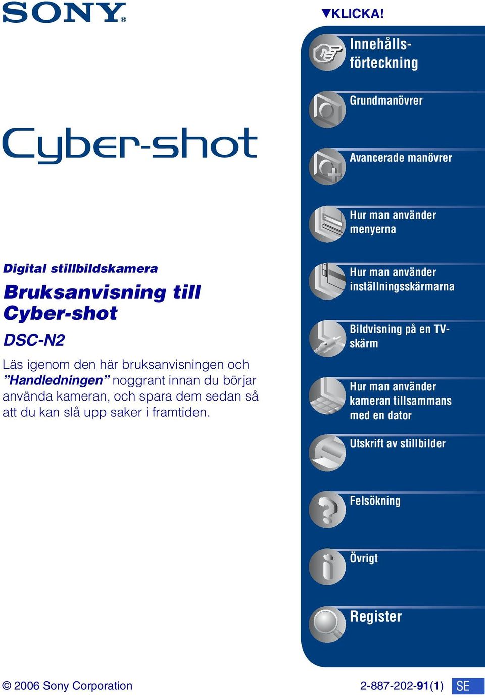 Cyber-shot DSC-N2 Läs igenom den här bruksanvisningen och Handledningen noggrant innan du börjar använda kameran, och spara dem