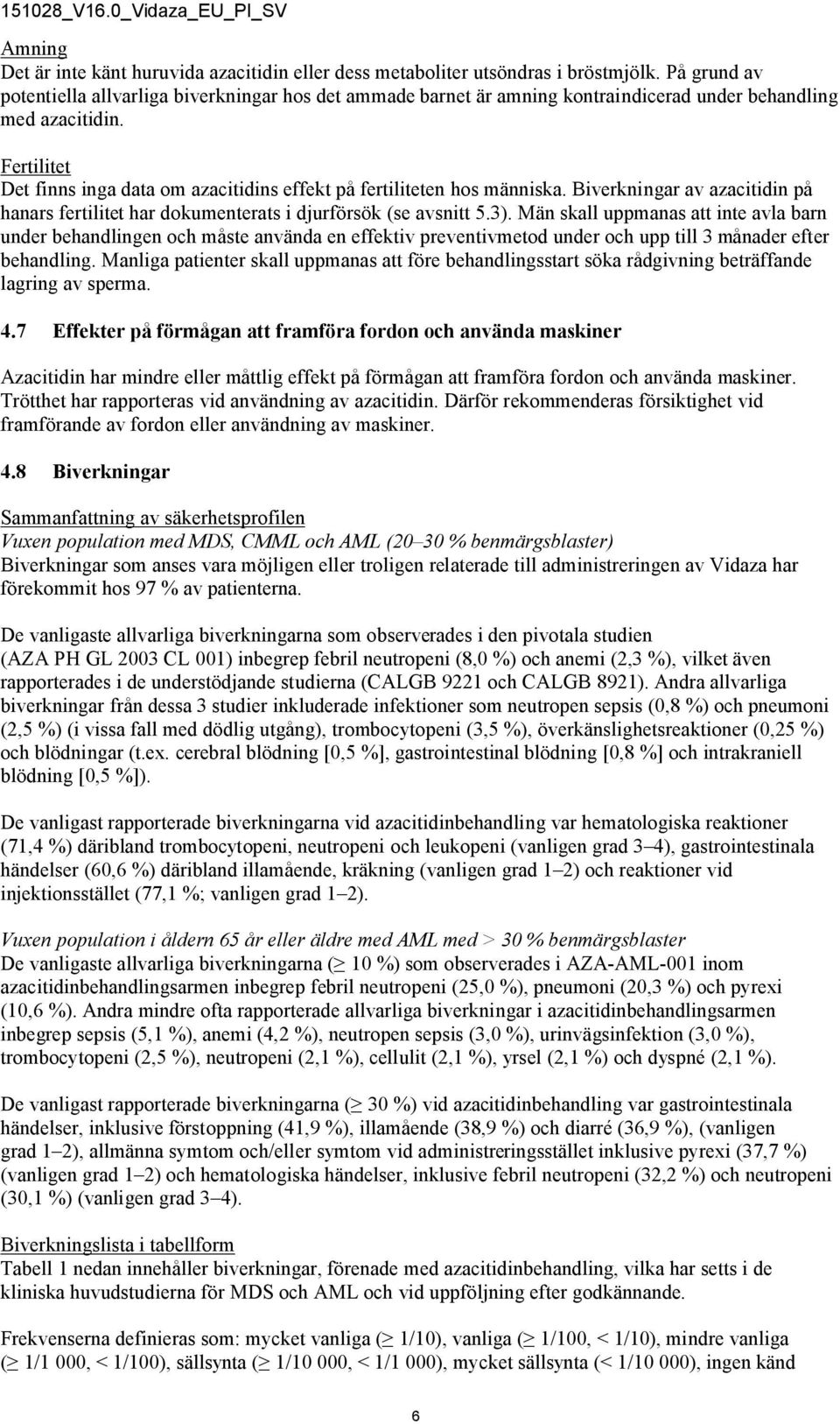 Fertilitet Det finns inga data om azacitidins effekt på fertiliteten hos människa. Biverkningar av azacitidin på hanars fertilitet har dokumenterats i djurförsök (se avsnitt 5.3).
