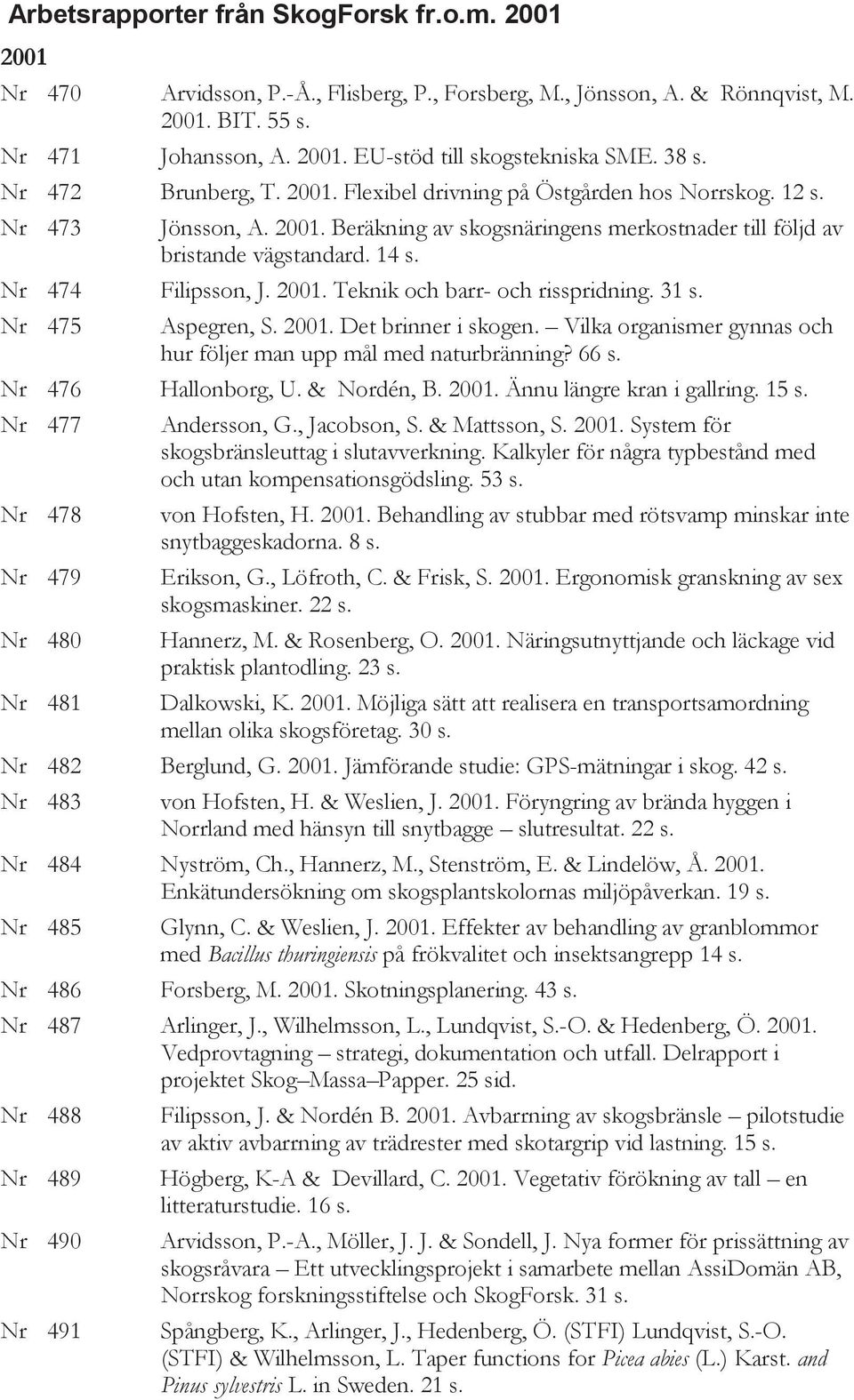 Nr 474 Filipsson, J. 2001. Teknik och barr- och risspridning. 31 s. Nr 475 Aspegren, S. 2001. Det brinner i skogen. Vilka organismer gynnas och hur följer man upp mål med naturbränning? 66 s.