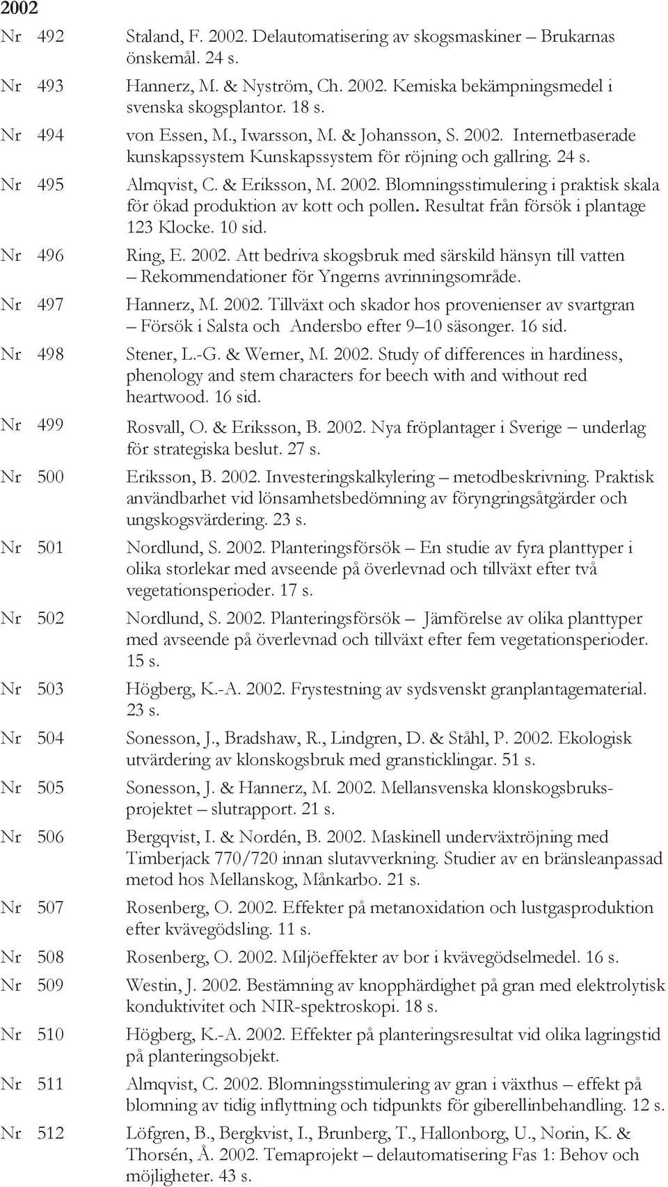 Resultat från försök i plantage 123 Klocke. 10 sid. Ring, E. 2002. Att bedriva skogsbruk med särskild hänsyn till vatten Rekommendationer för Yngerns avrinningsområde. Hannerz, M. 2002. Tillväxt och skador hos provenienser av svartgran Försök i Salsta och Andersbo efter 9 10 säsonger.