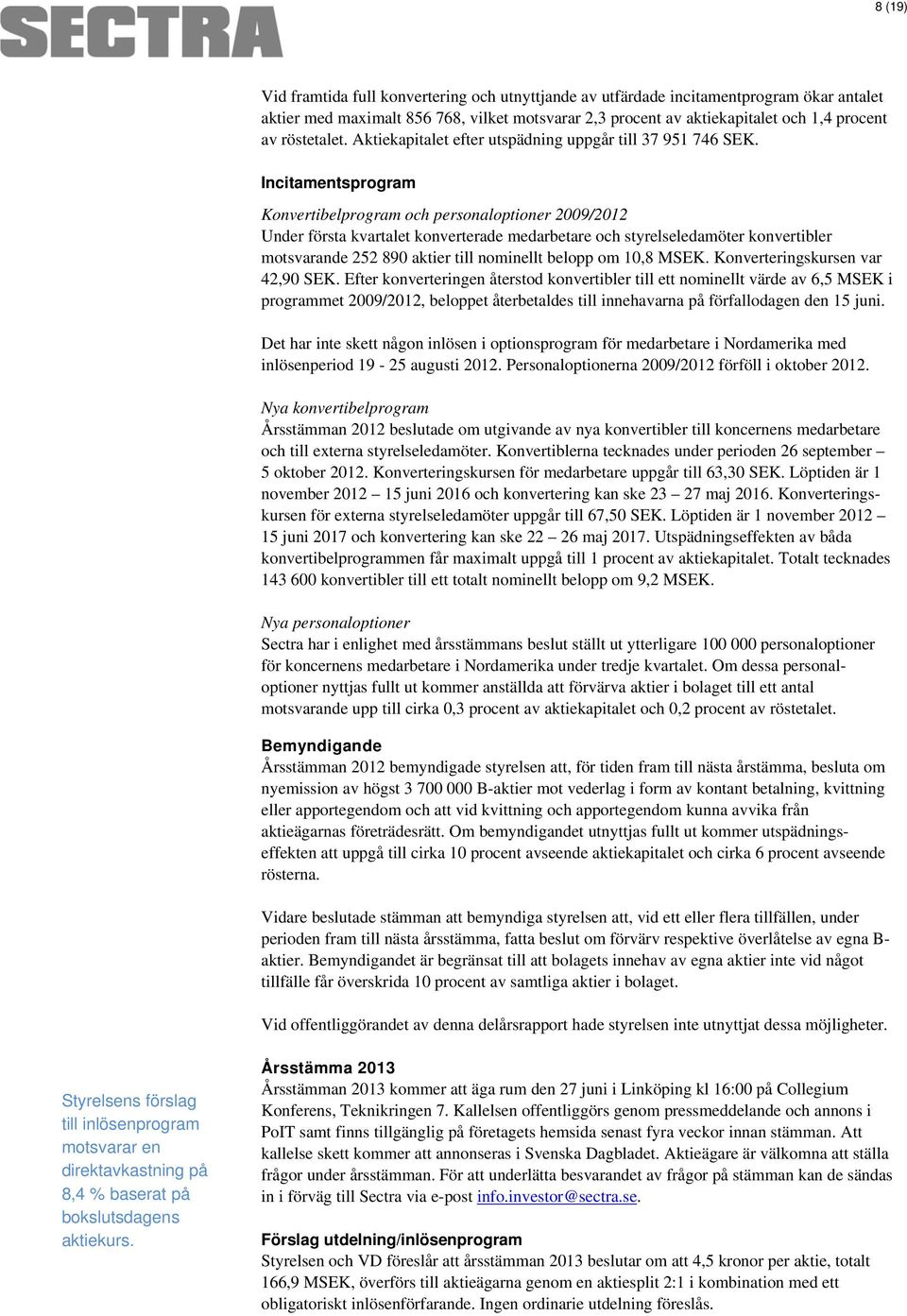 Incitamentsprogram Konvertibelprogram och personaloptioner 2009/2012 Under första kvartalet konverterade medarbetare och styrelseledamöter konvertibler motsvarande 252 890 aktier till nominellt