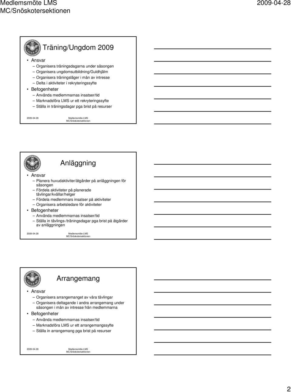 Fördela aktiviteter på planerade tävlingar/kvällar/helger Fördela medlemmars insatser på aktiviteter Organisera arbetsledare för aktiviteter Befogenheter Använda medlemmarnas insatser/tid Ställa in
