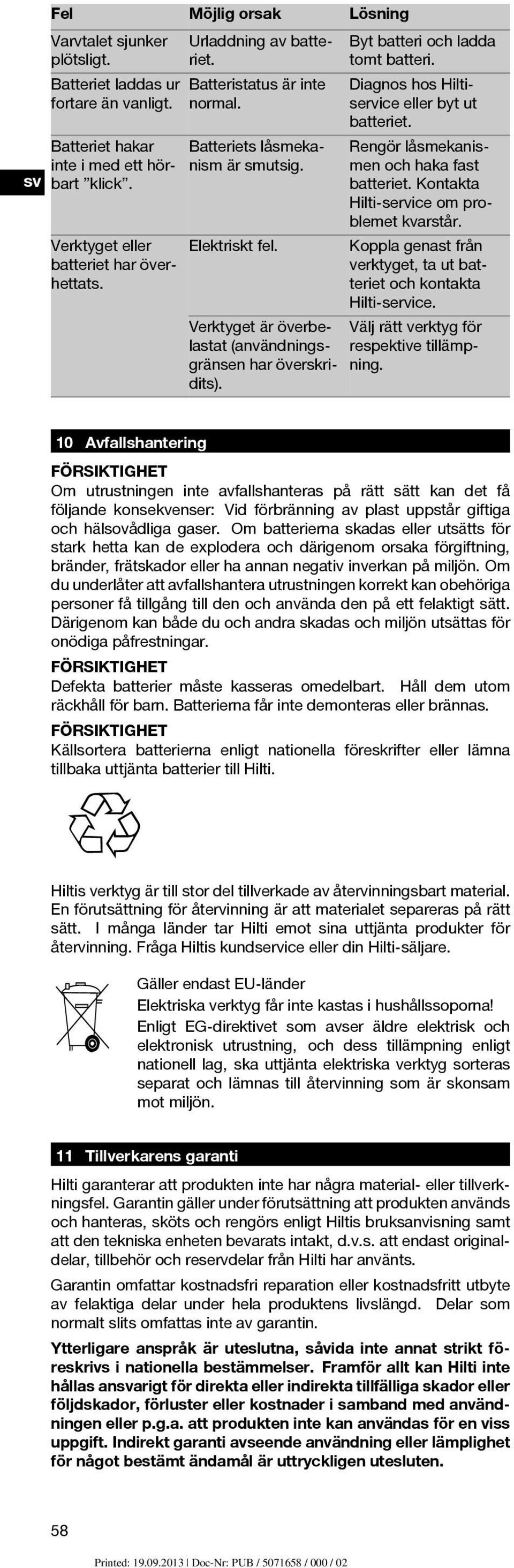 Rengör låsmekanismen och haka fast batteriet. Kontakta Hilti-service om problemet kvarstår. Koppla genast från verktyget, ta ut batteriet och kontakta Hilti-service.