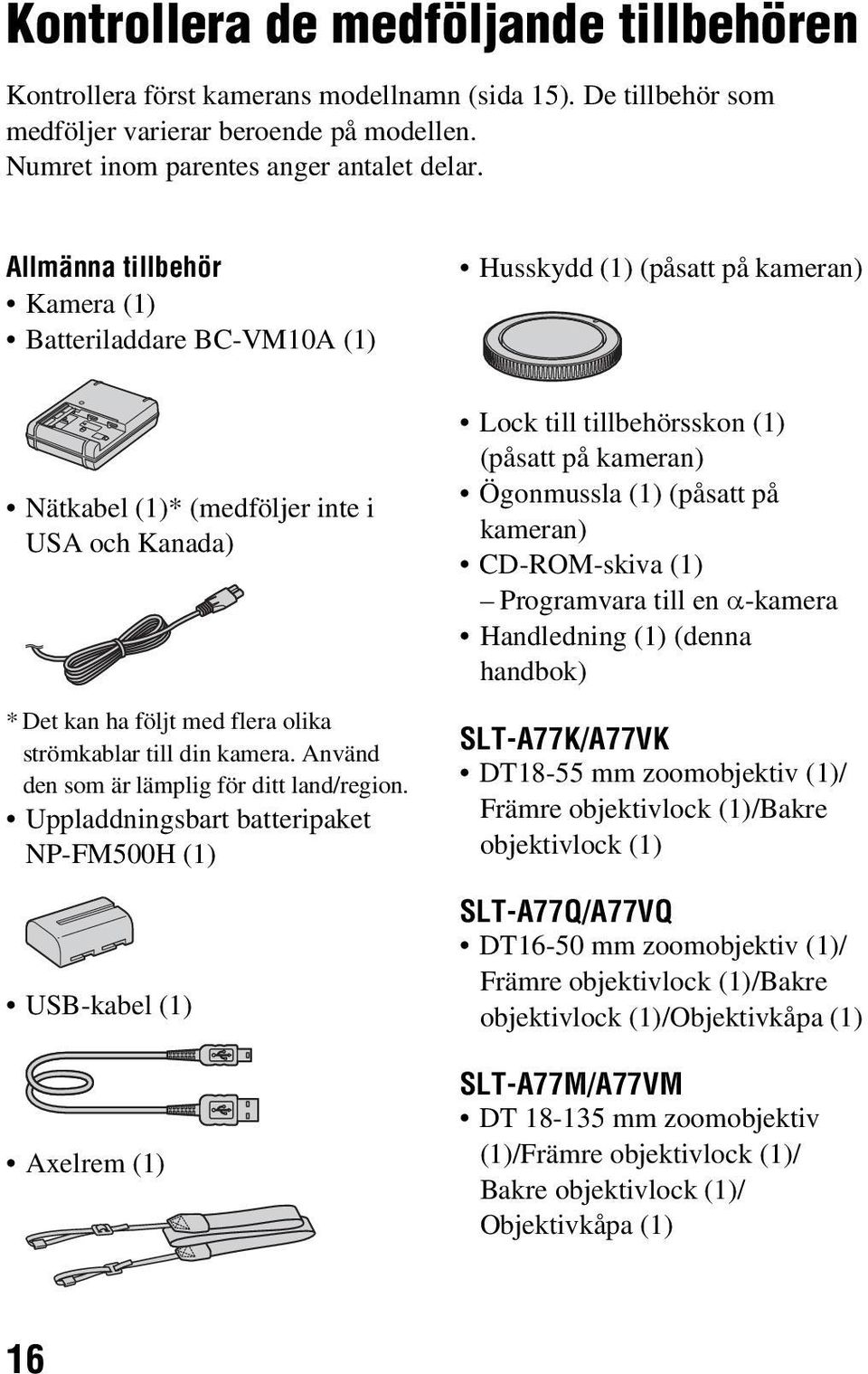 Allmänna tillbehör Kamera (1) Batteriladdare BC-VM10A (1) Husskydd (1) (påsatt på kameran) Nätkabel (1)* (medföljer inte i USA och Kanada) * Det kan ha följt med flera olika strömkablar till din