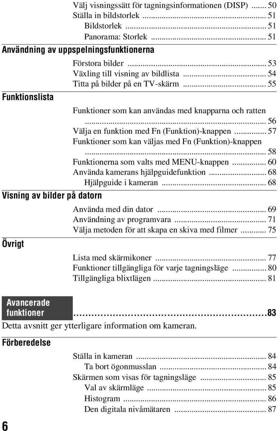 .. 57 Funktioner som kan väljas med Fn (Funktion)-knappen... 58 Funktionerna som valts med MENU-knappen... 60 Använda kamerans hjälpguidefunktion... 68 Hjälpguide i kameran.