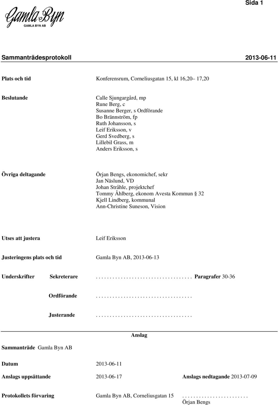 Lindberg, kommunal Ann-Christine Suneson, Vision Utses justera Leif Eriksson Justeringens plats och tid Gamla Byn AB, 2013-06-13 Underskrifter Sekreterare................................... Paragrafer 30-36 Ordförande.