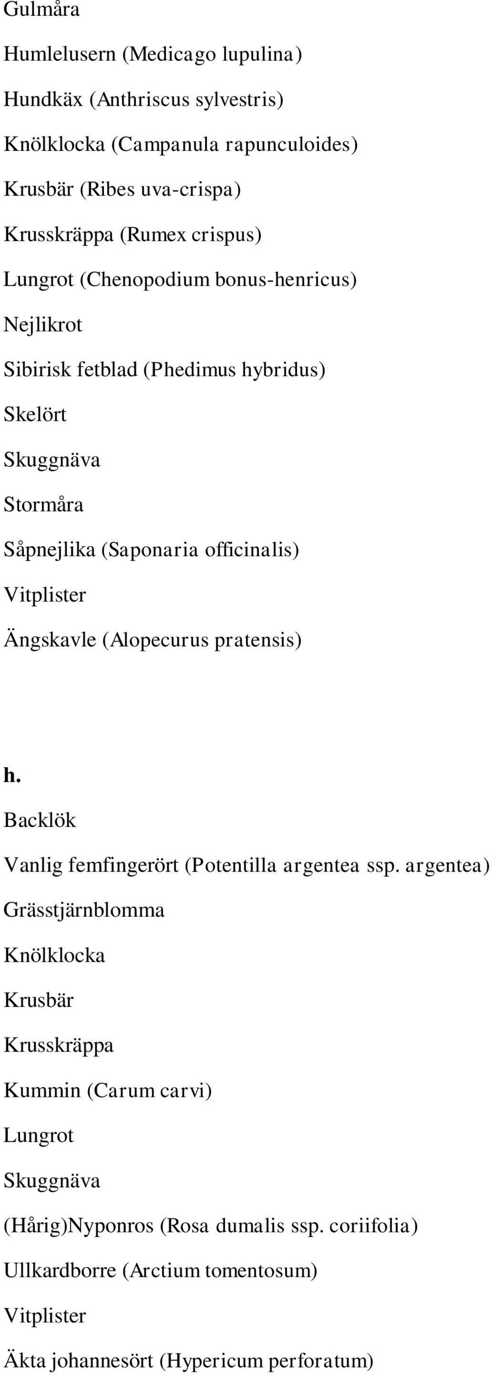 Vitplister Ängskavle (Alopecurus pratensis) h. Backlök Vanlig femfingerört (Potentilla argentea ssp.