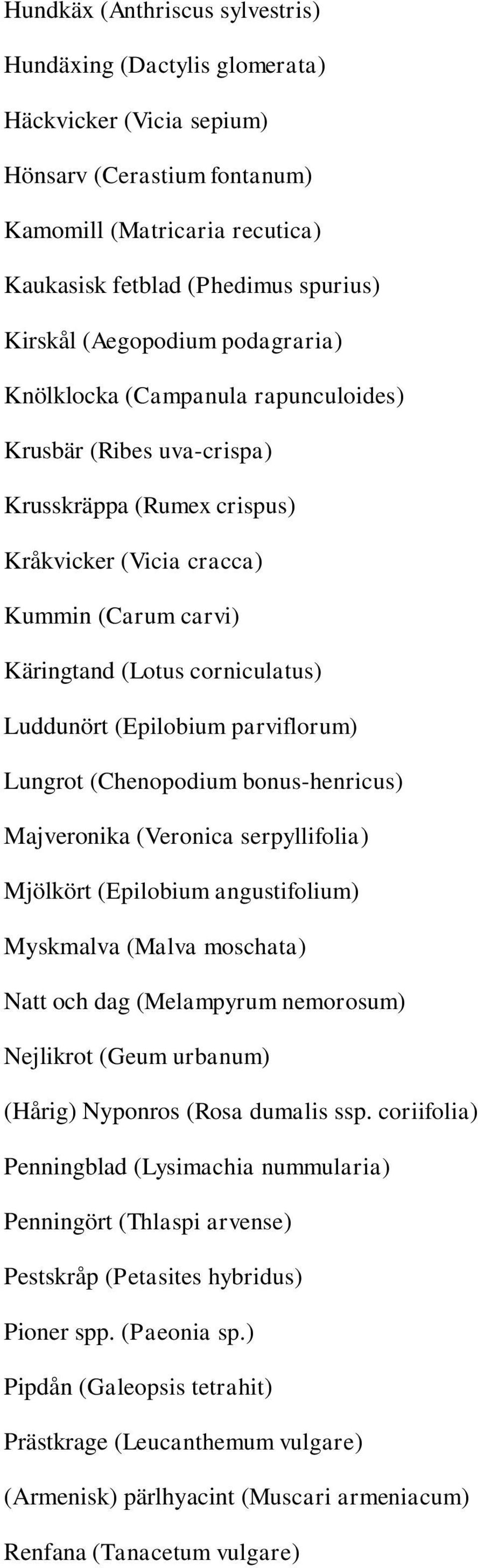 Luddunört (Epilobium parviflorum) Lungrot (Chenopodium bonus-henricus) Majveronika (Veronica serpyllifolia) Mjölkört (Epilobium angustifolium) Myskmalva (Malva moschata) Natt och dag (Melampyrum