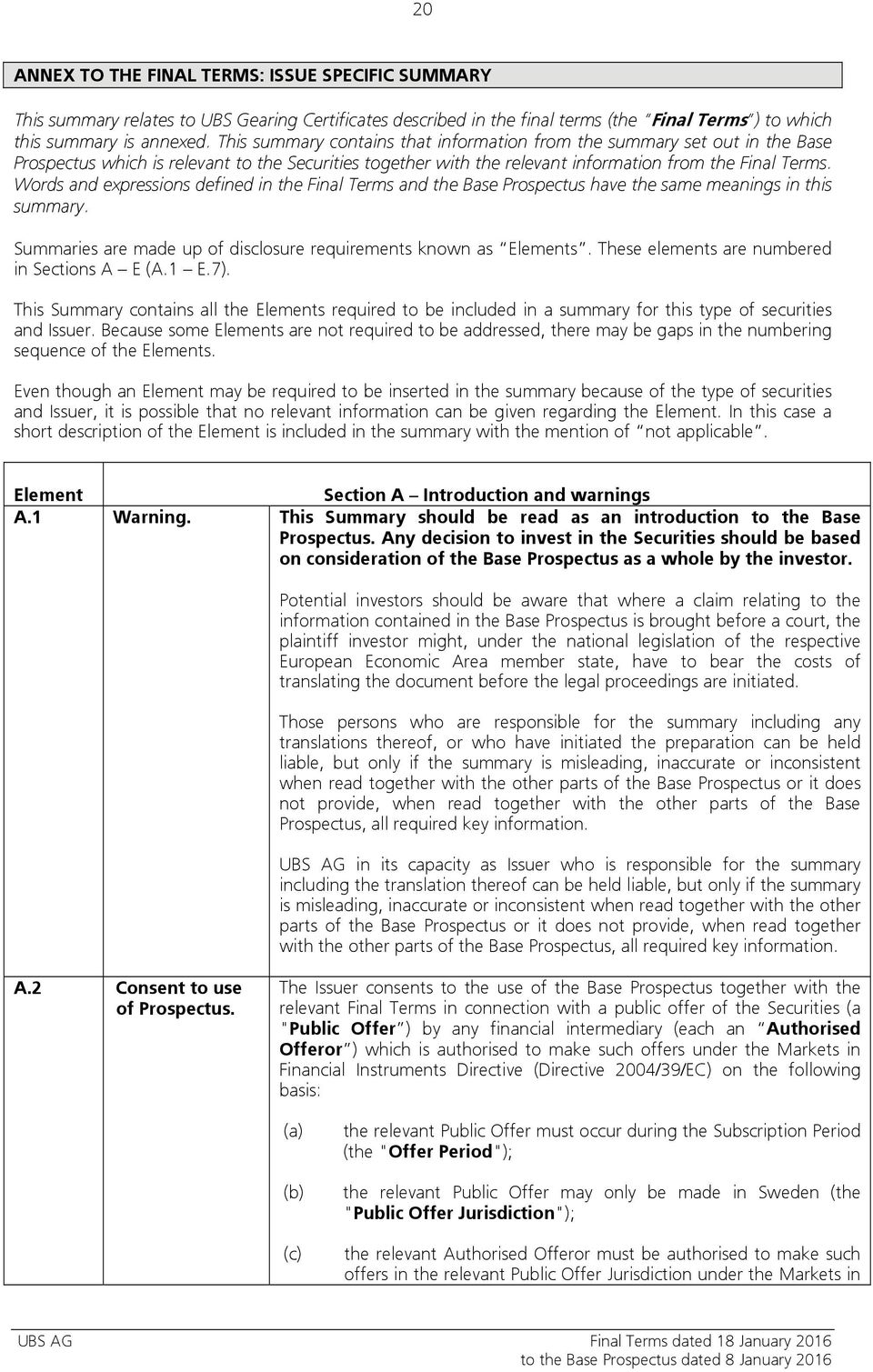 Words and expressions defined in the Final Terms and the Base Prospectus have the same meanings in this summary. Summaries are made up of disclosure requirements known as Elements.