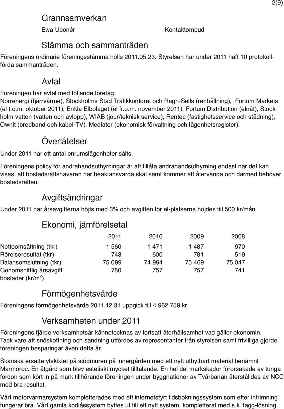 o.m. november 2011), Fortum Distribution (elnät), Stockholm vatten (vatten och avlopp), WIAB (jour/teknisk service), Rentec (fastighetsservice och städning), Ownit (bredband och kabel-tv), Mediator